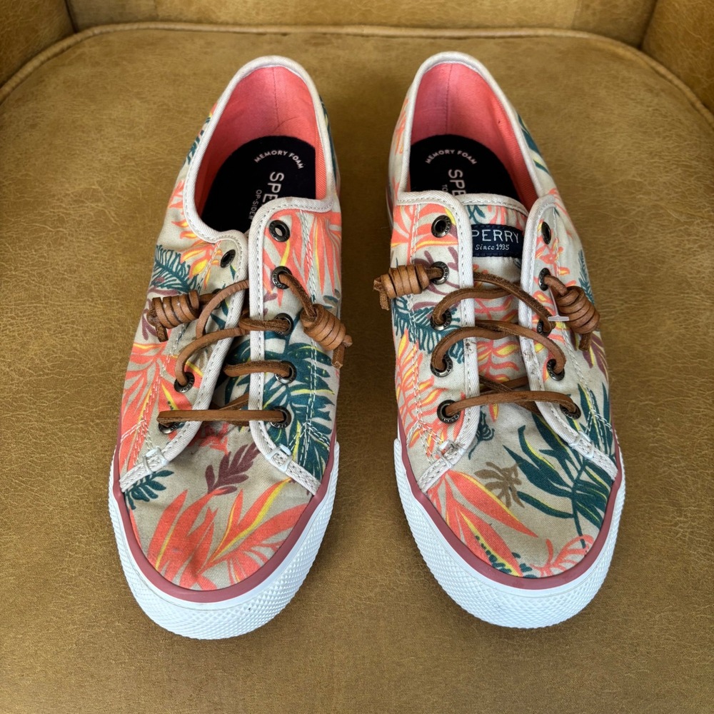 Sperry Sneakers Women Size 8M Crest Vibe Tropical Leaf Canvas Shoes Floral Coral